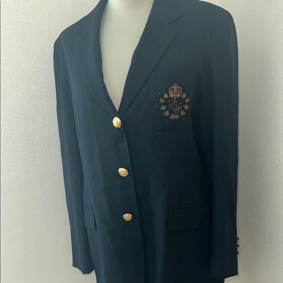 Ralph Lauren crest wool navy blazer gold button 14P lined - Picture 1 of 9